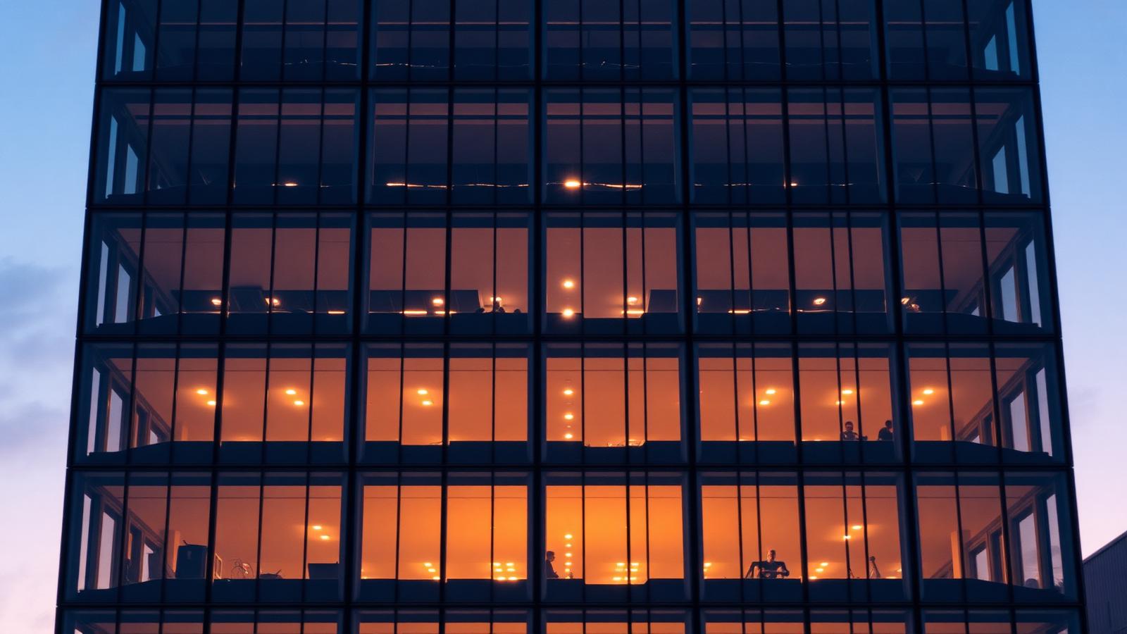 Illuminated glass office facade at dusk with a repeating grid of windows