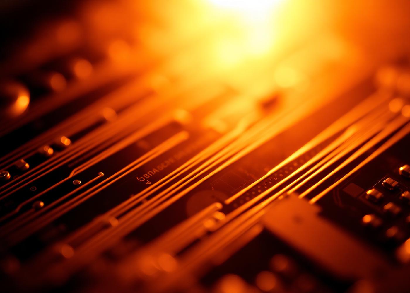 Warm-toned macro photograph of a printed circuit board with copper traces