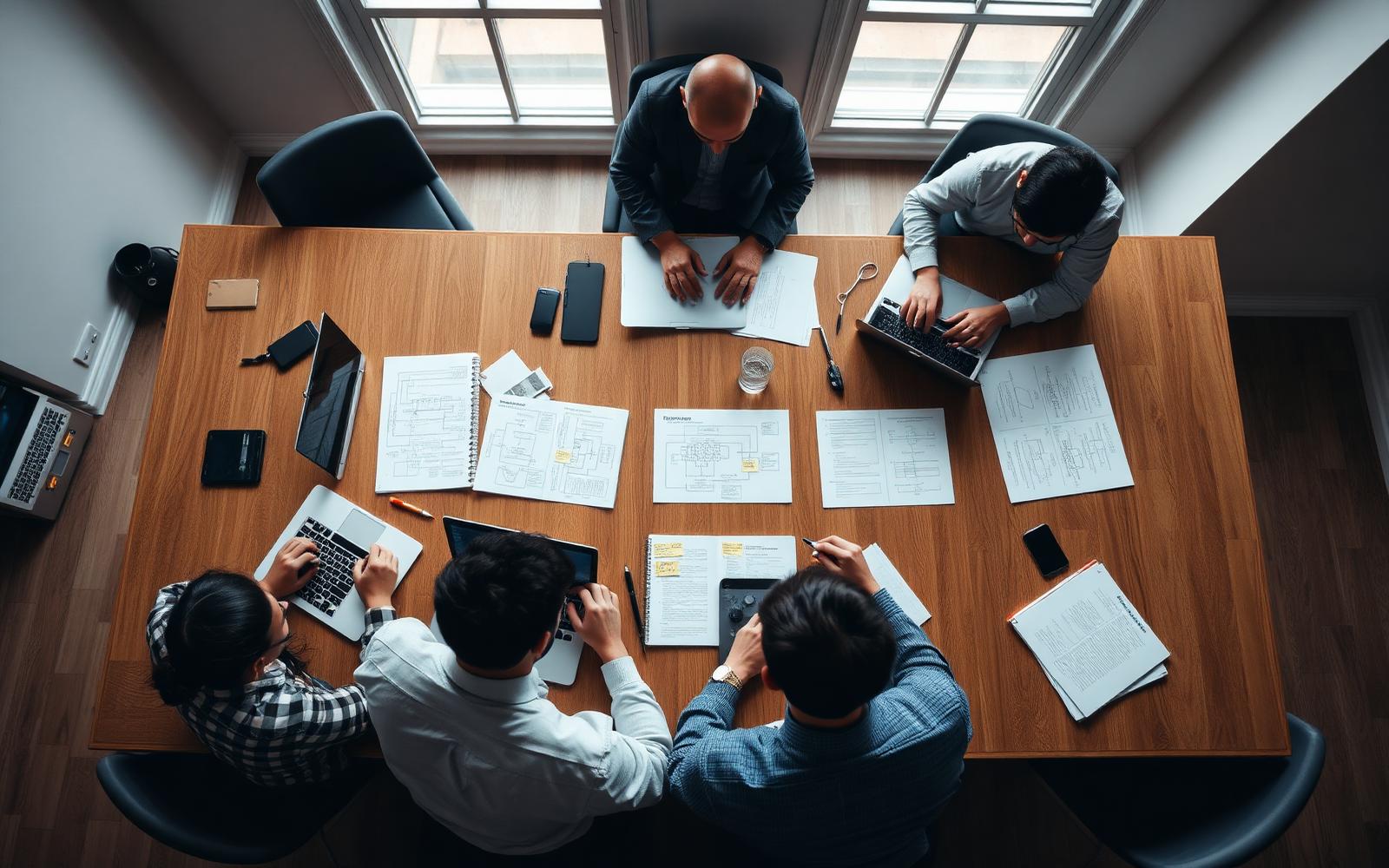Overhead editorial photograph of a small technical team working together with laptops and printed diagrams