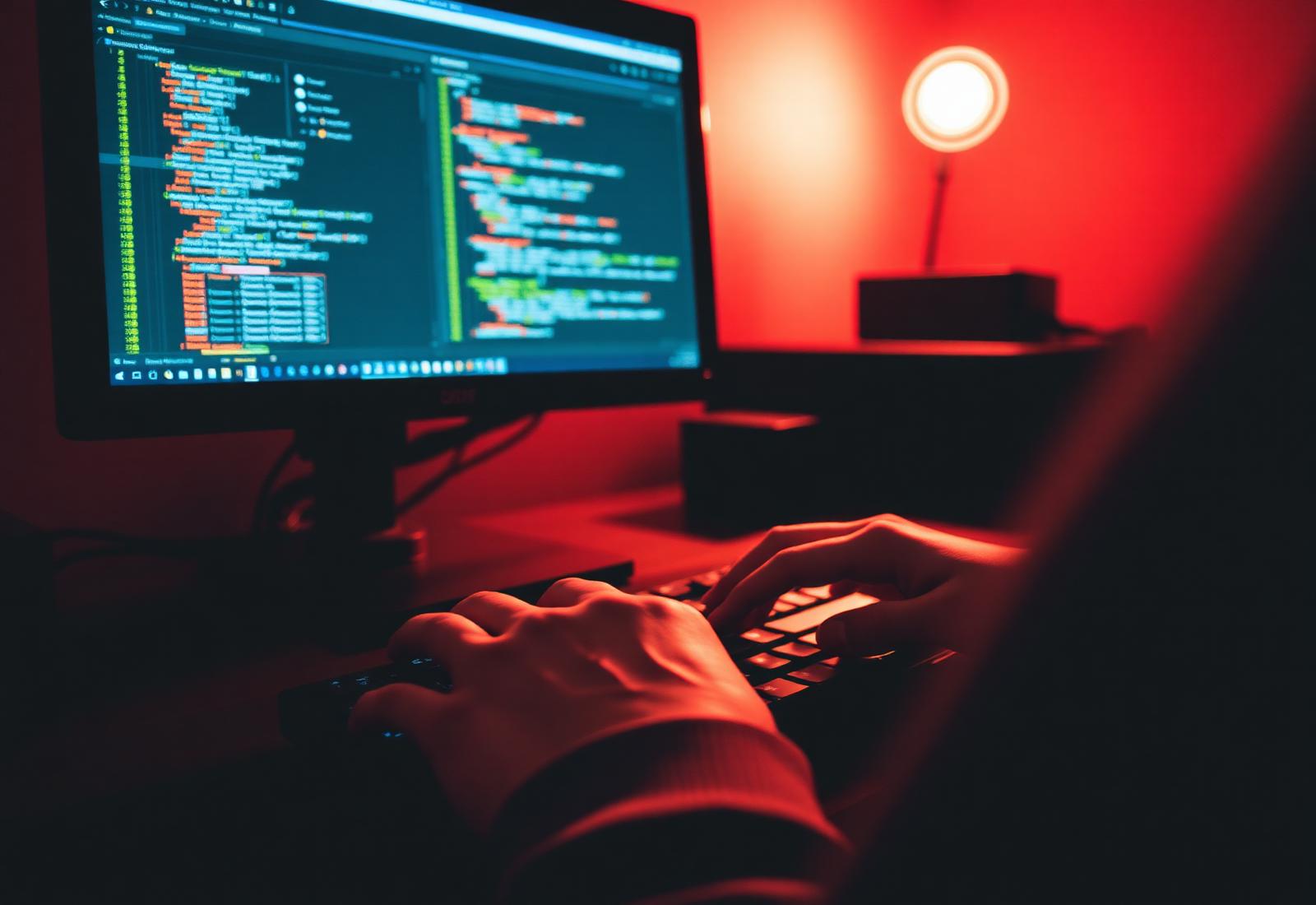 Close-up photograph of a developer's hands on a keyboard illuminated by warm ambient light, with code visible on the monitor