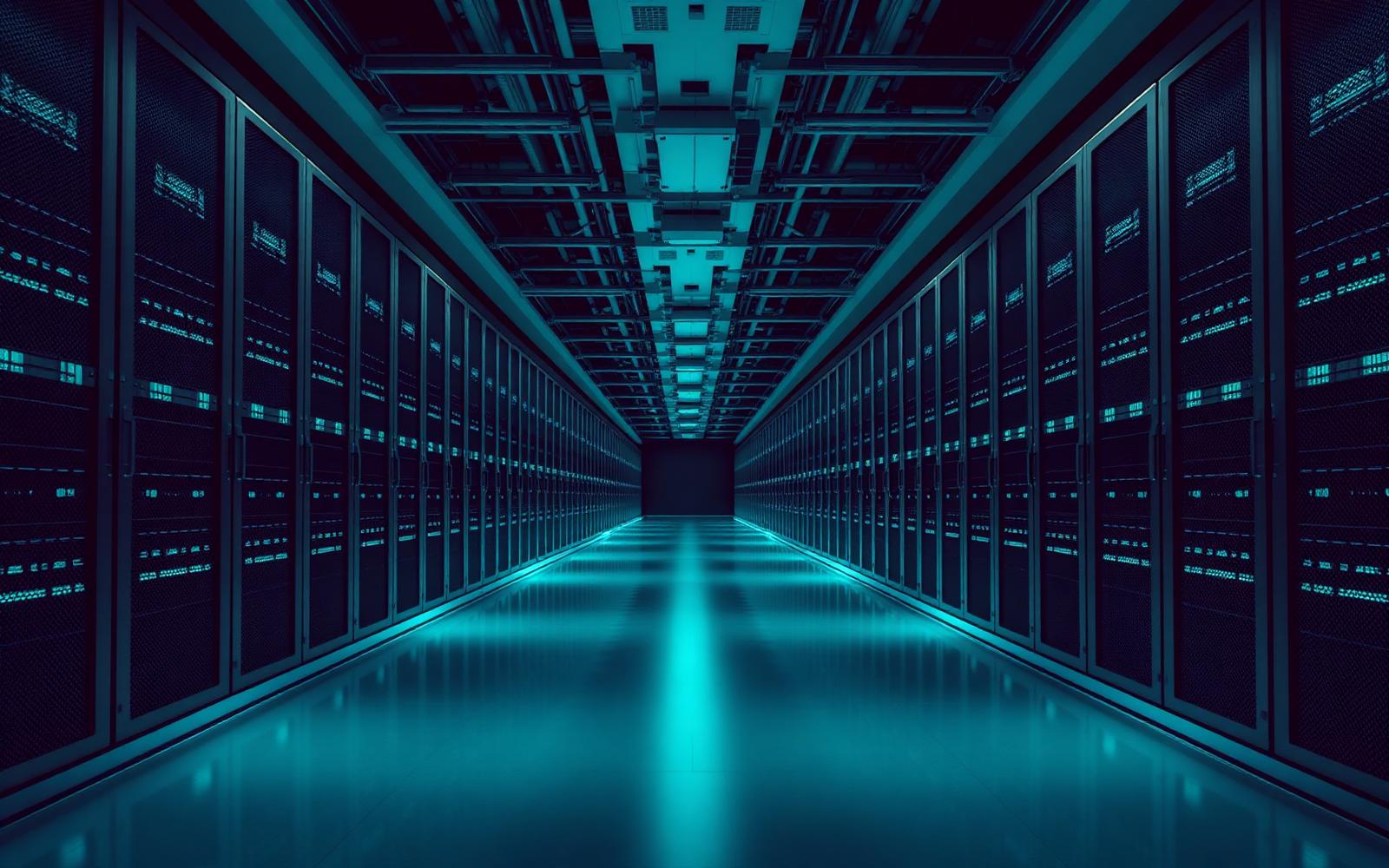 Wide interior view of a data centre corridor with rows of illuminated server racks